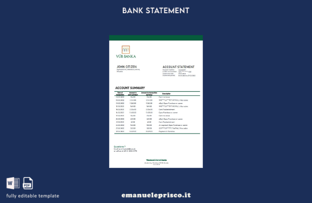 modello word di estratto conto bancario VUB Slovacchia stile verificato